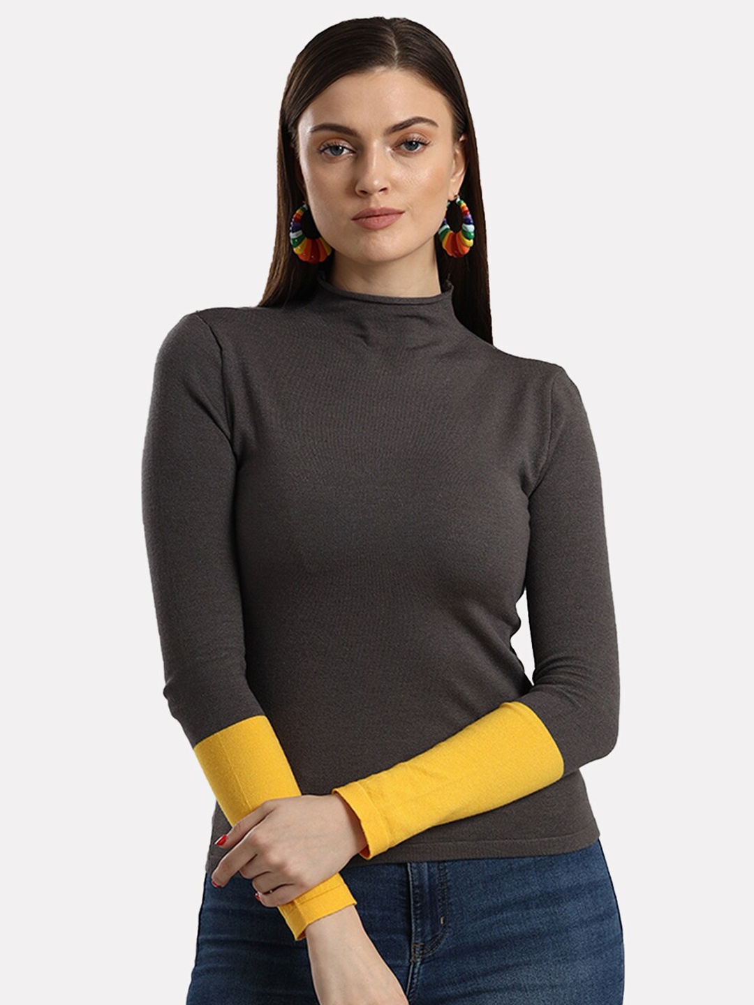 

iki chic Women Turtle Neck Cotton Pullover, Grey