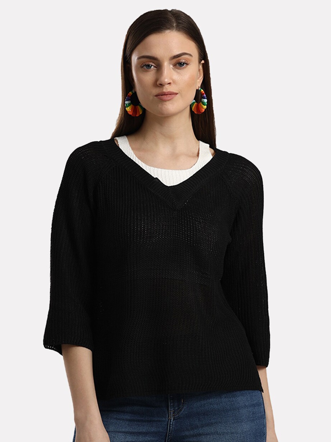 

iki chic Women V-Neck Self Design Wool Pullover, Black