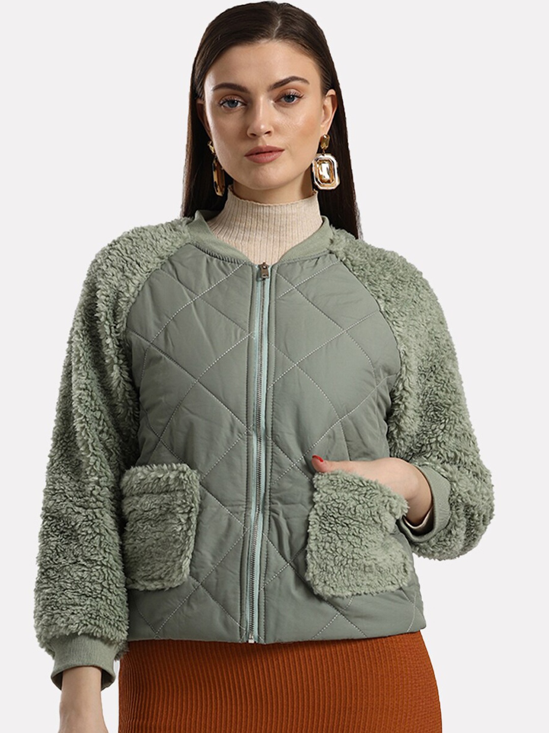 

iki chic Women Solid Long Sleeves Quilted Jacket, Green
