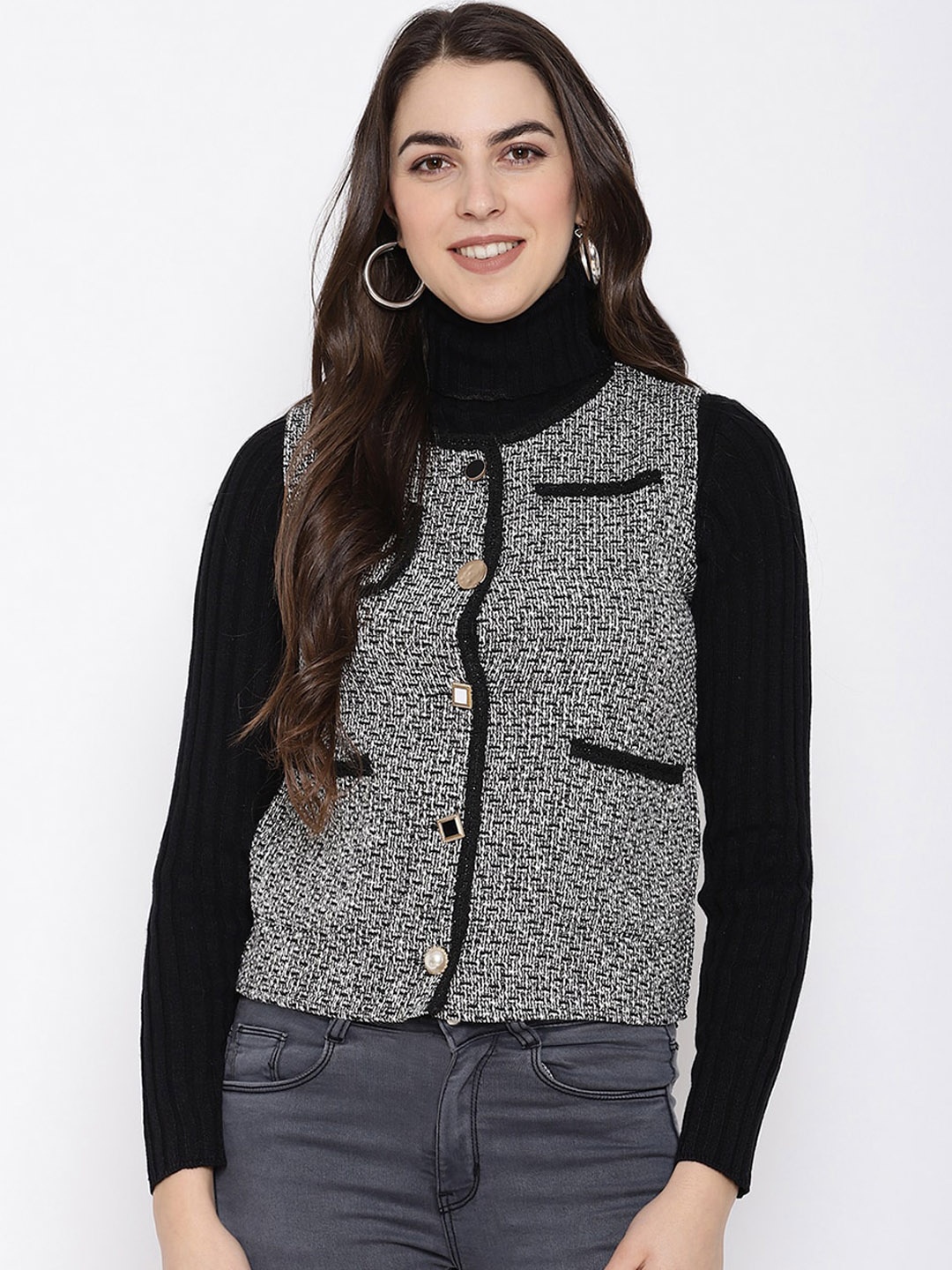 

iki chic Women Geometric Cotton Tailored Jacket, Black