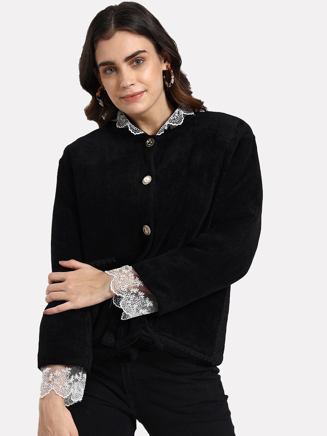

iki chic Women Lace Trimmed Single-Breasted Overcoat, Black