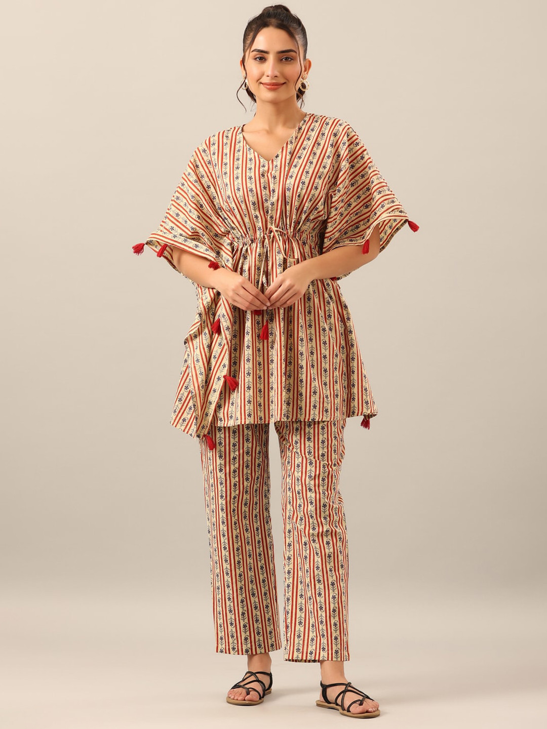 

JISORA Women 2 Pieces Striped Pure Cotton Night Suit, Red