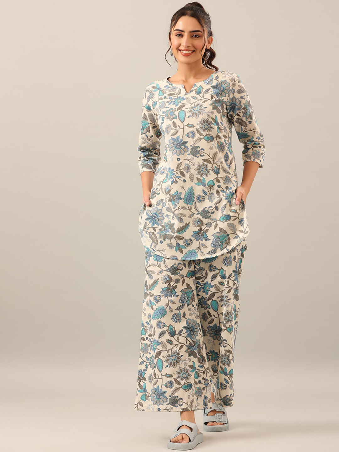 

JISORA Women 2 Pieces Floral Printed Pure Cotton Night Suit, White