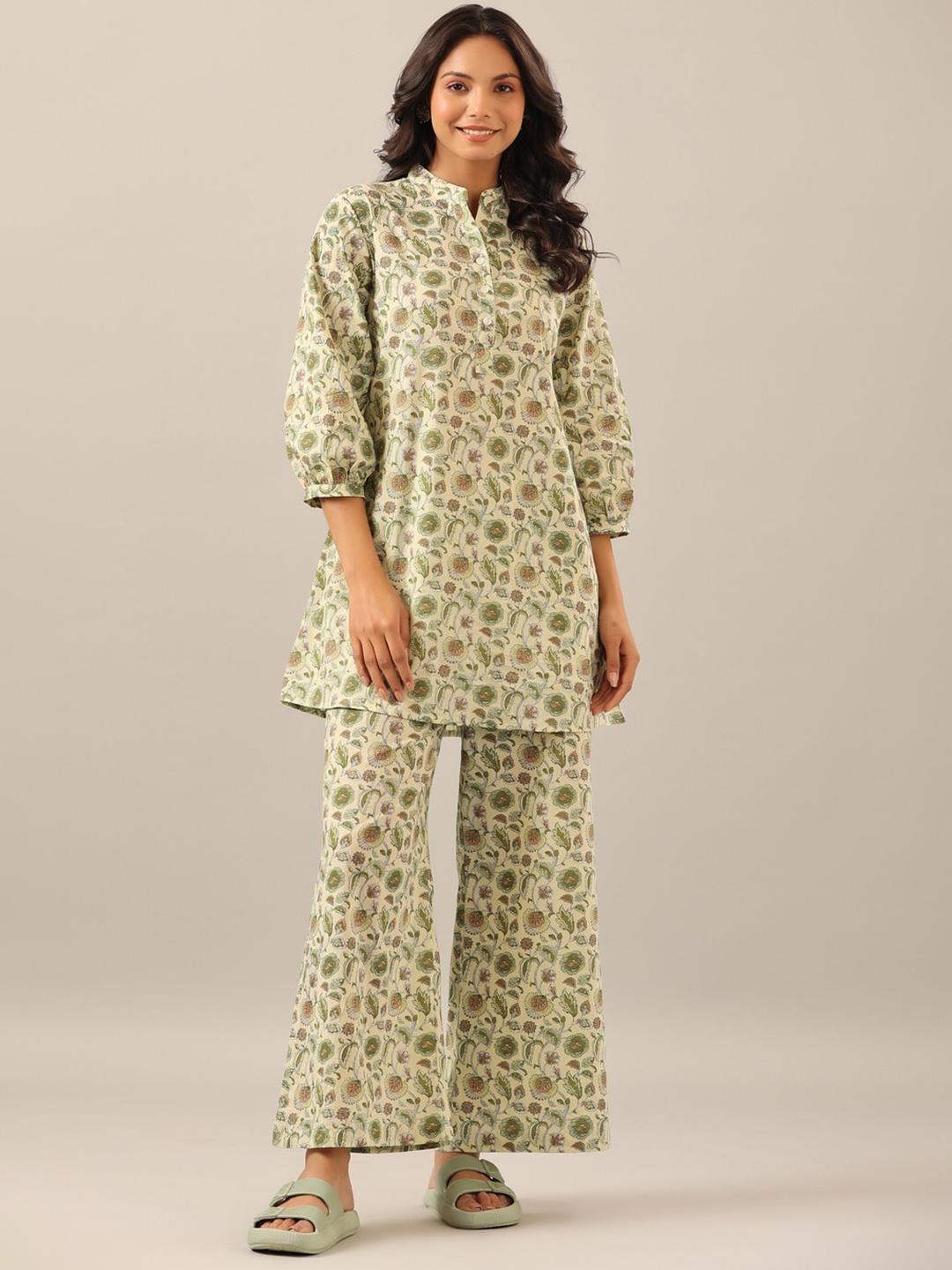 

JISORA Women 2 Pieces Floral Printed Pure Cotton Night Suit, Green