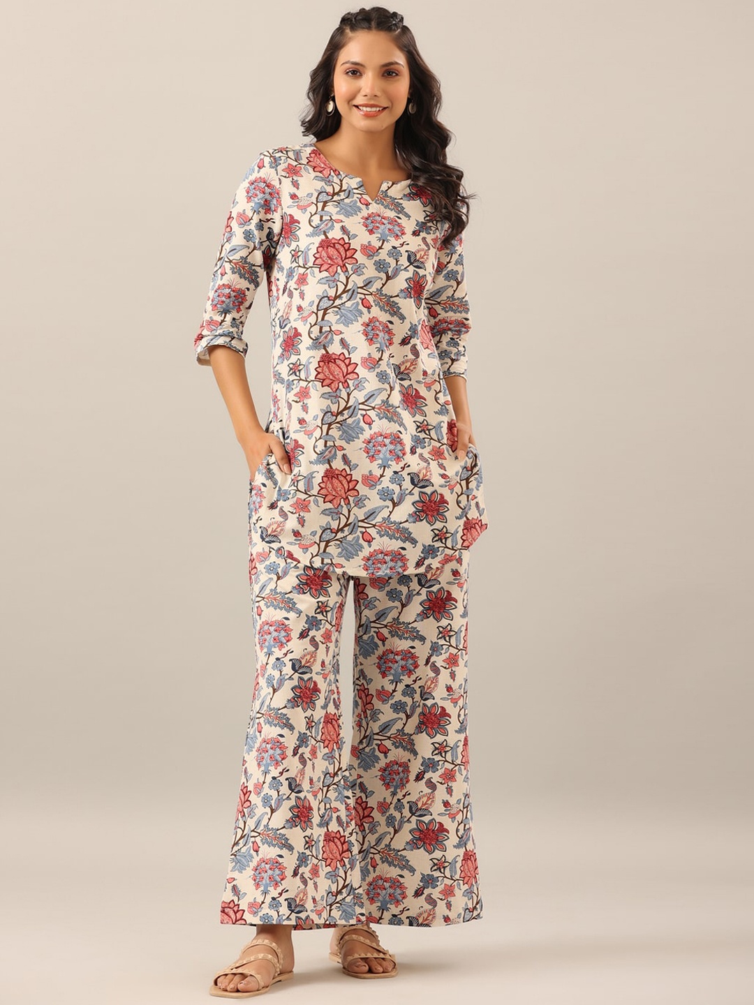 

JISORA Women 2 Pieces Floral Printed Pure Cotton Night Suit, White