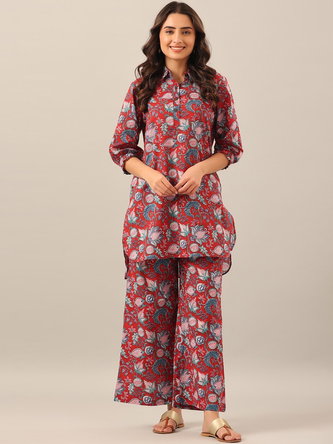 

JISORA Women Floral Printed Pure Cotton Night suit, Red