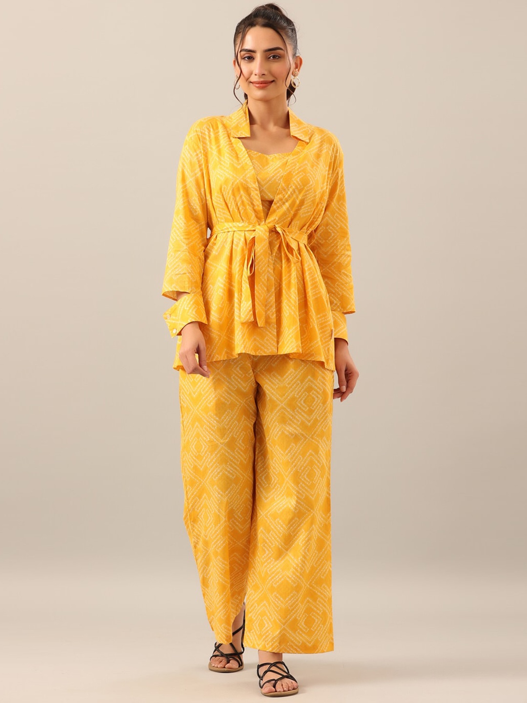 

JISORA Women 3 Pieces Geometric Printed Pure Cotton Night Suit, Yellow