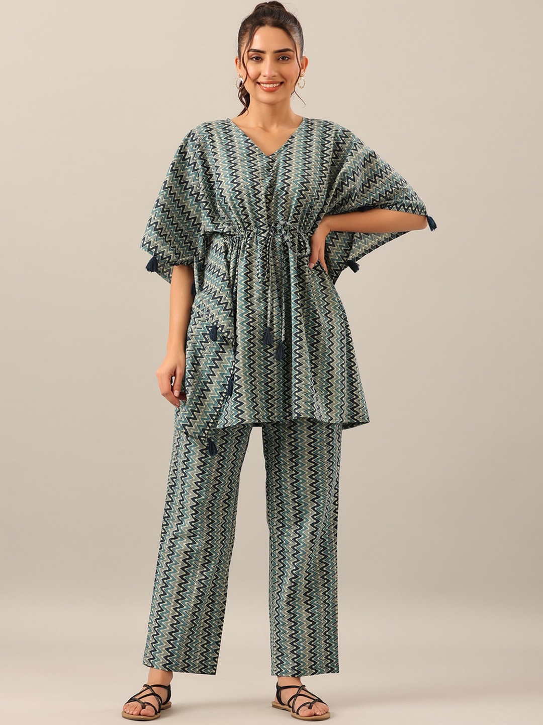 

JISORA Women 2 Pieces Geometric Printed Pure Cotton Night Suit, Blue