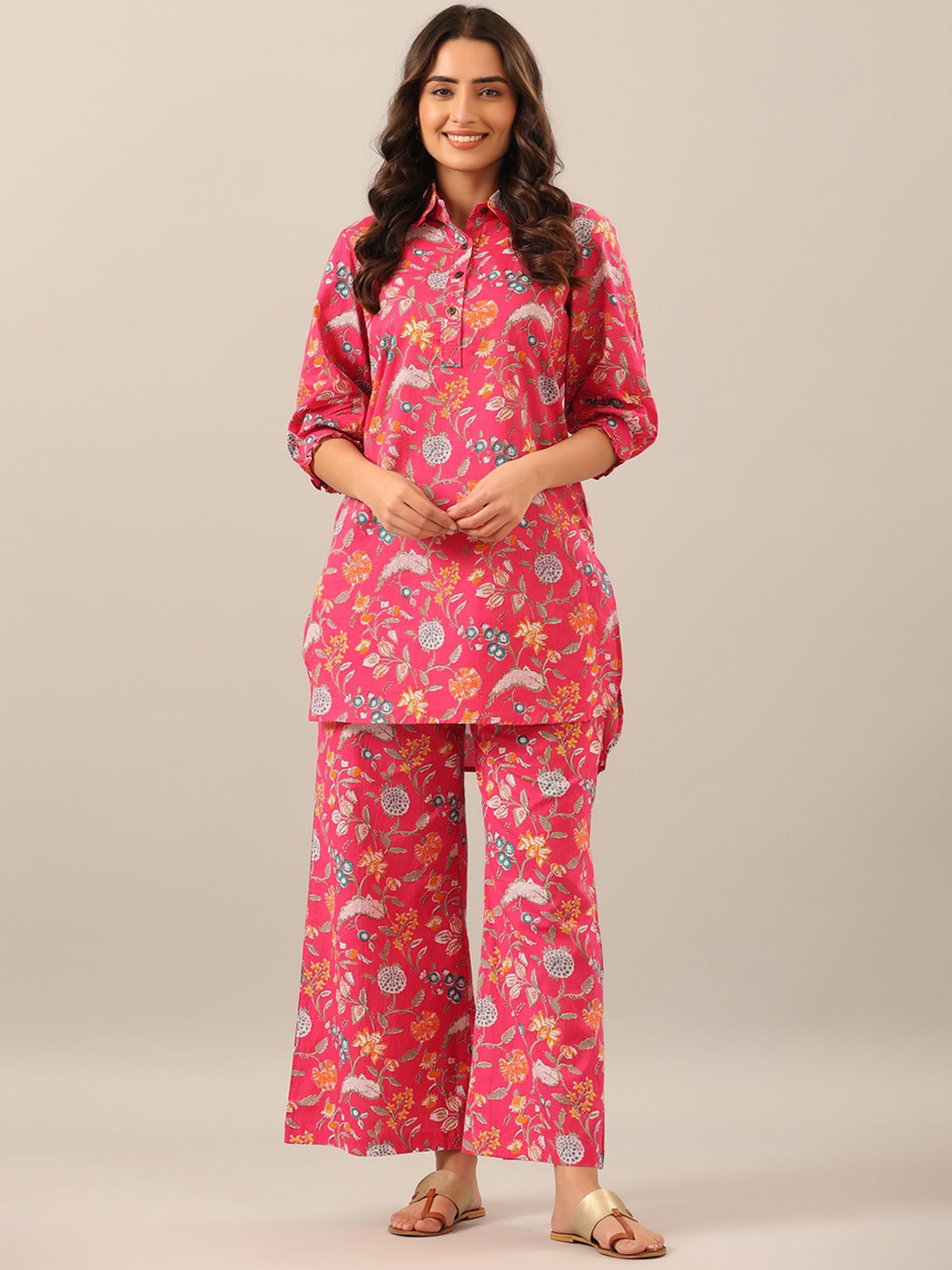 

JISORA Women 2 Pieces Floral Printed Pure Cotton Night Suit, Pink