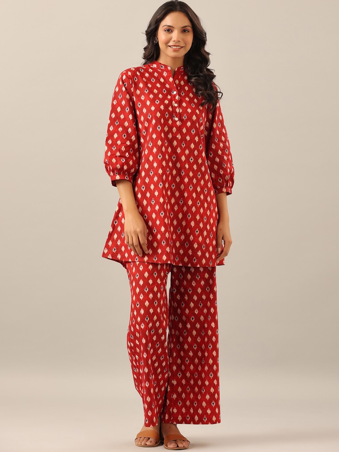 

JISORA Women 2 Pieces Ethnic Motifs Printed Pure Cotton Night Suit, Red