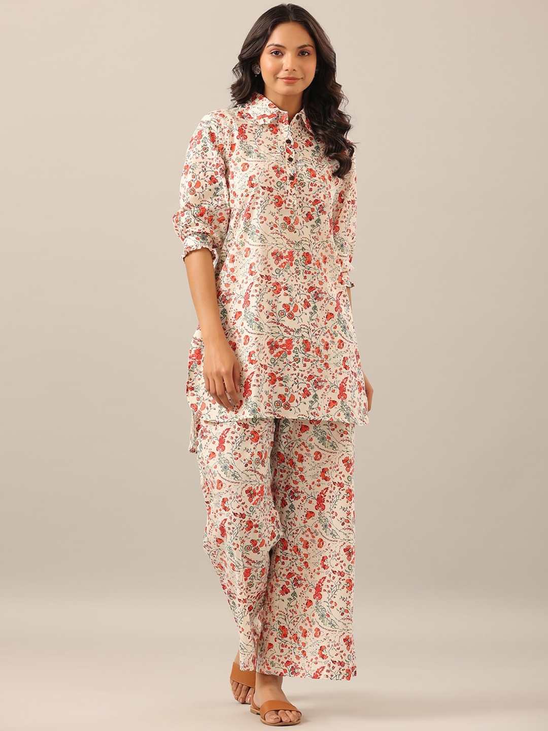 

JISORA Women 2 Pieces Floral Printed Pure Cotton Night Suit, White