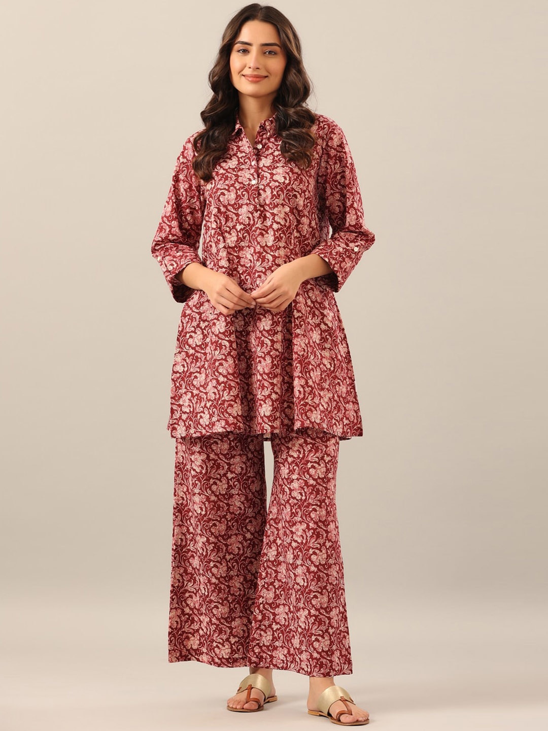 

JISORA Women 2 Pieces Printed Pure Cotton Night Suit, Red