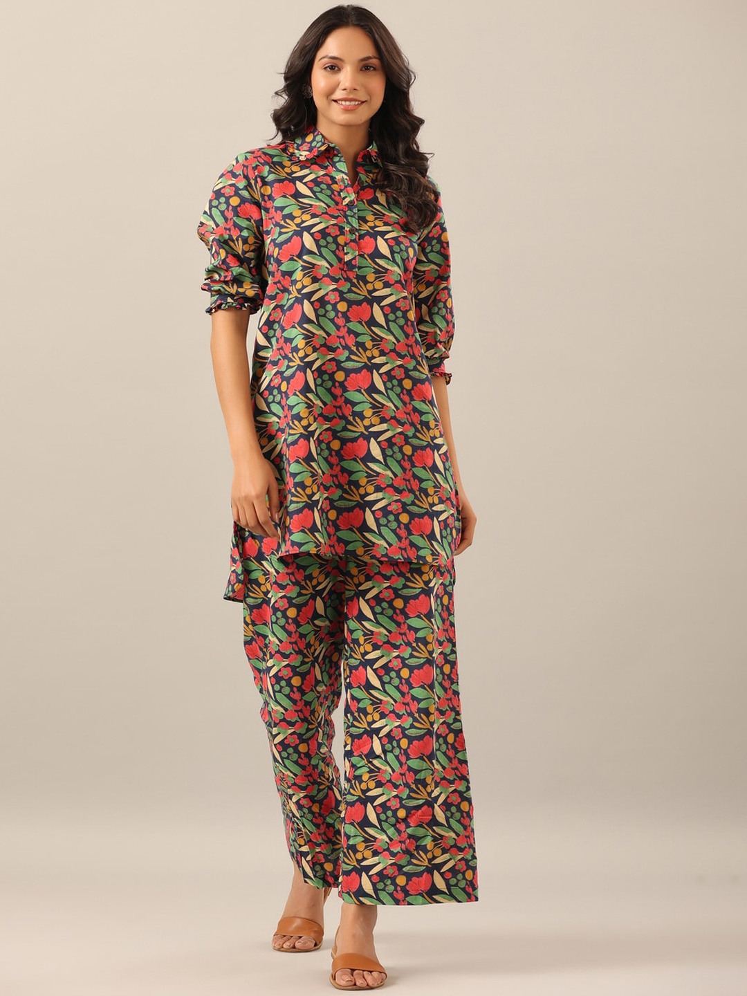 

JISORA Women Floral Printed Pure Cotton Night suit, Blue