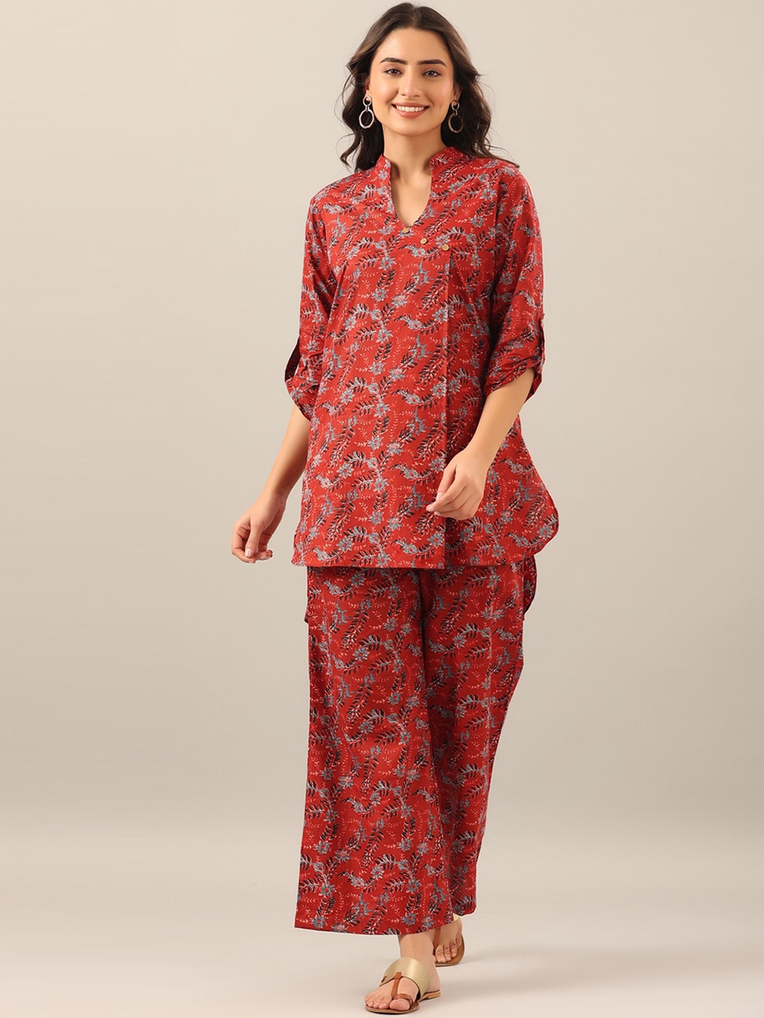 

JISORA Women 2 Pieces Floral Printed Pure Cotton Night Suit, Red