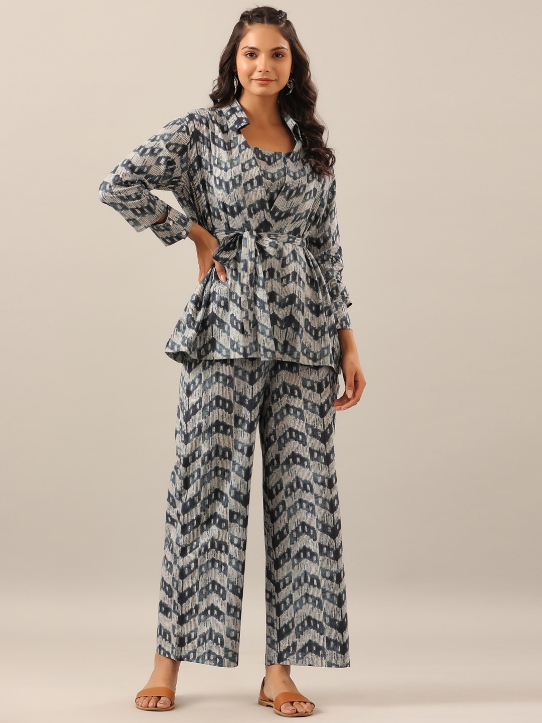 

JISORA Women 3 Pieces Geometric Printed Pure Cotton Night Suit, Grey