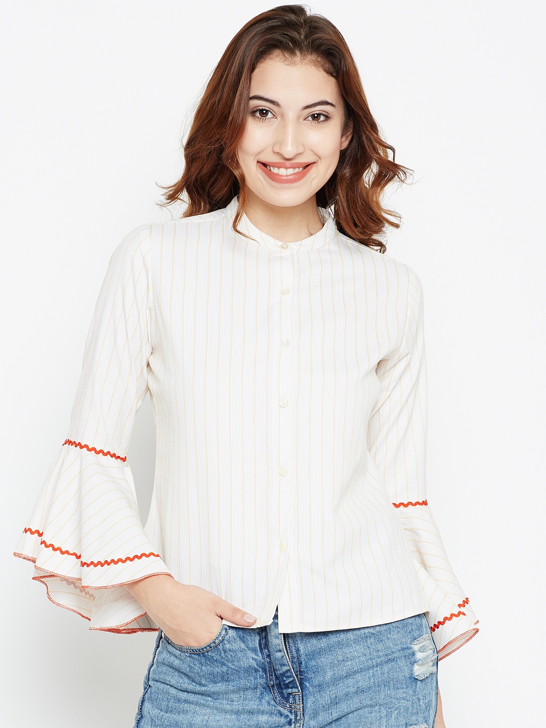 

Style Quotient Women Off-White & Yellow Striped Shirt Style Pure Cotton Top