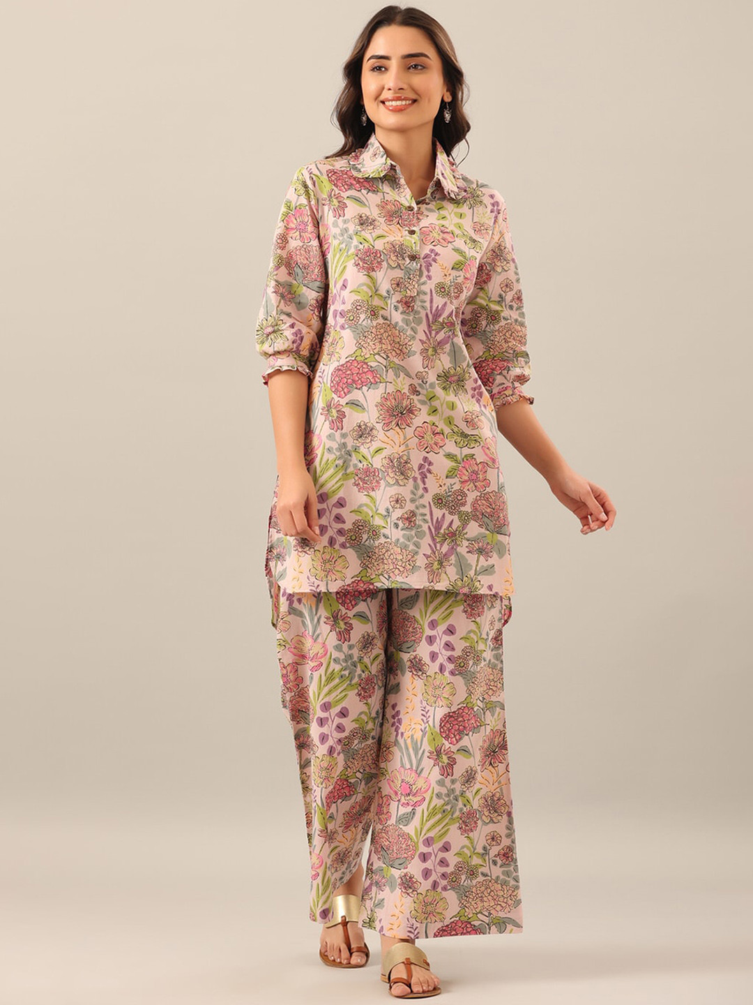 

JISORA Women Floral Printed Pure Cotton Night suit, Peach