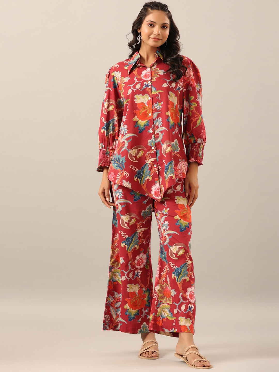 

JISORA Women 2 Pieces Floral Printed Pure Cotton Night Suit, Red