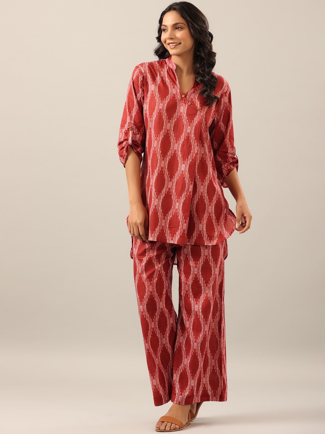 

JISORA Women 2 Pieces Geometric Printed Pure Cotton Night Suit, Red