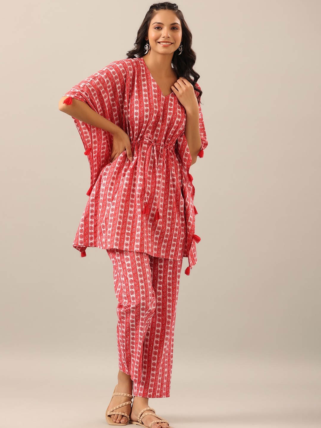 

JISORA Women 2 Pieces Striped Pure Cotton Night Suit, Red