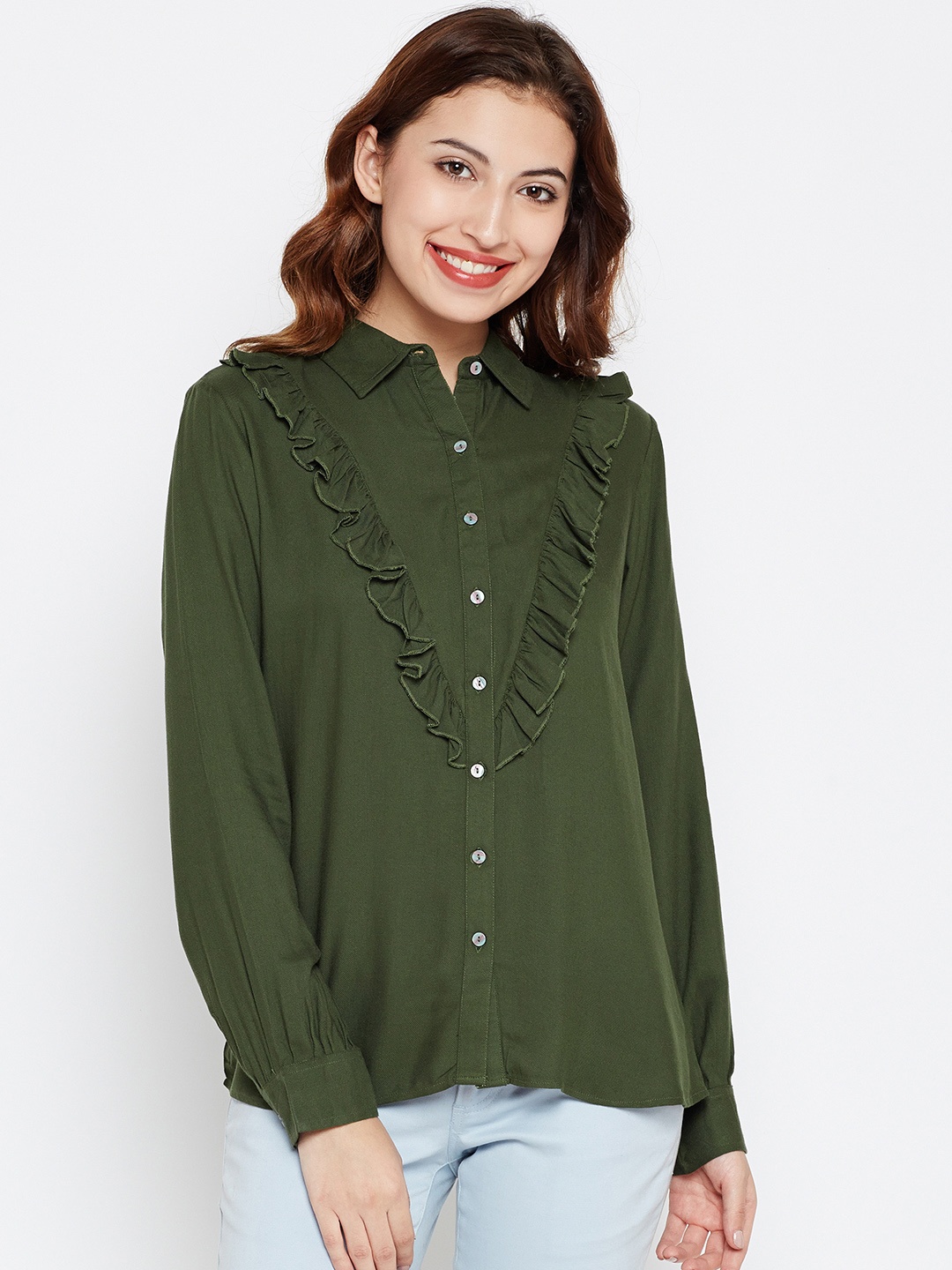 

Style Quotient Women Olive Green Solid Casual Shirt