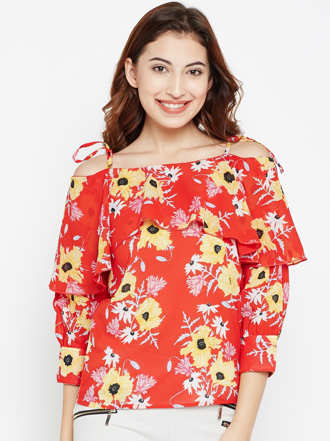 

Style Quotient Women Red & Yellow Floral Print Layered Bardot Top