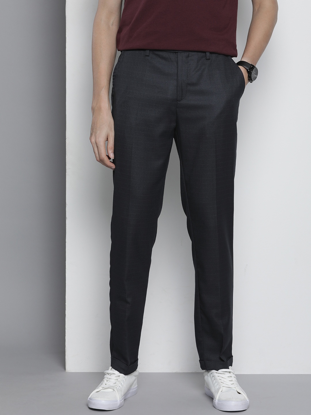 

The Indian Garage Co Self Design Regular Fit Chinos Trousers, Navy blue