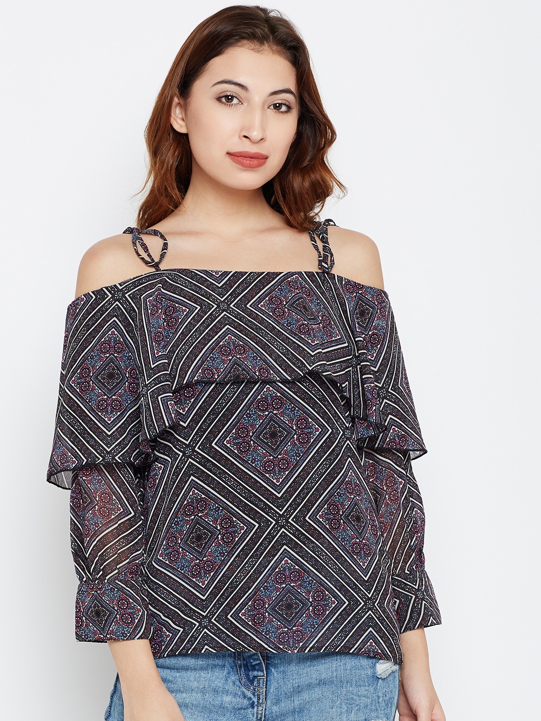 

Style Quotient Women Black Printed Layered Bardot Top