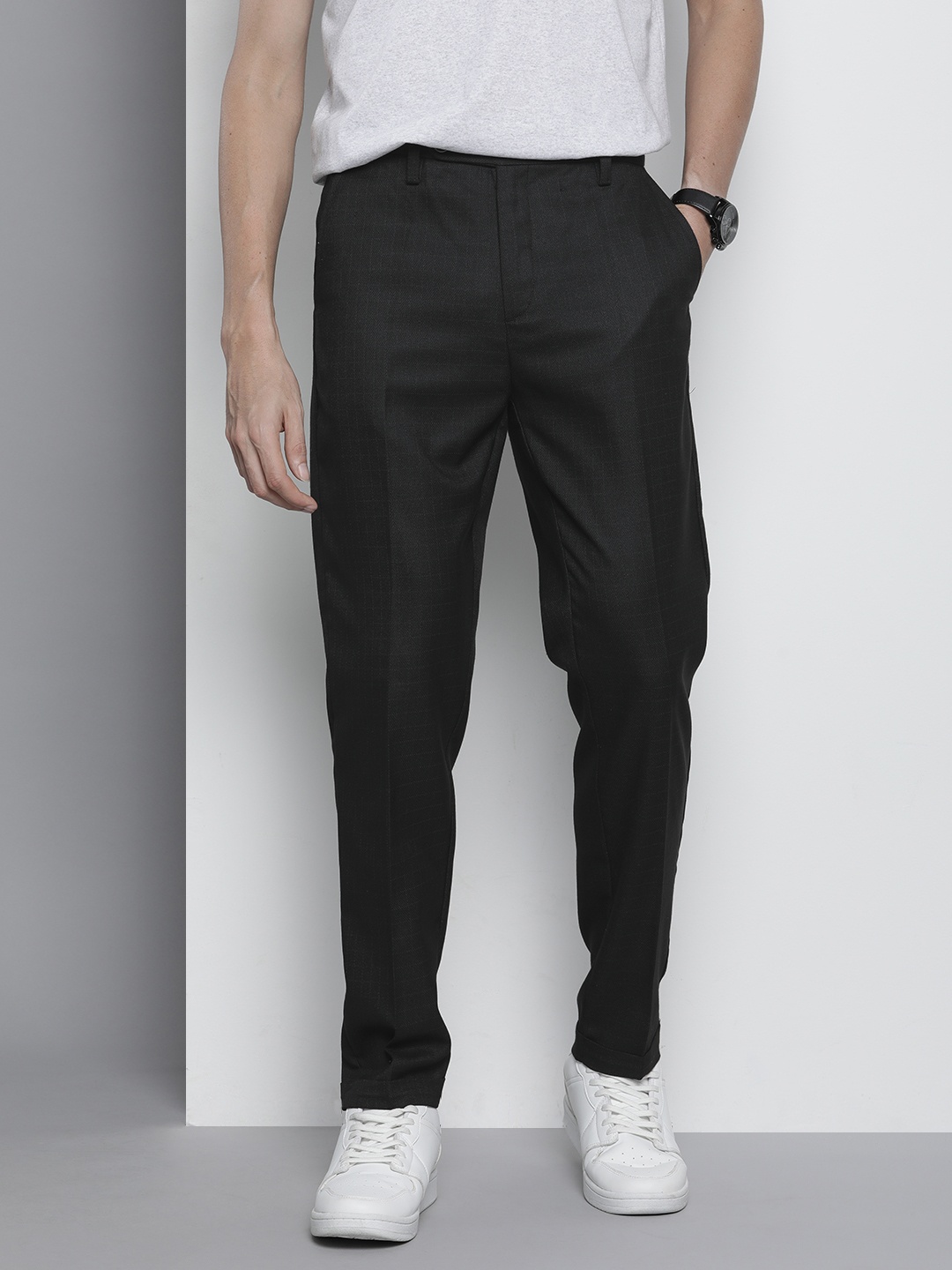 

The Indian Garage Co Self Design Regular Fit Chinos Trousers, Black