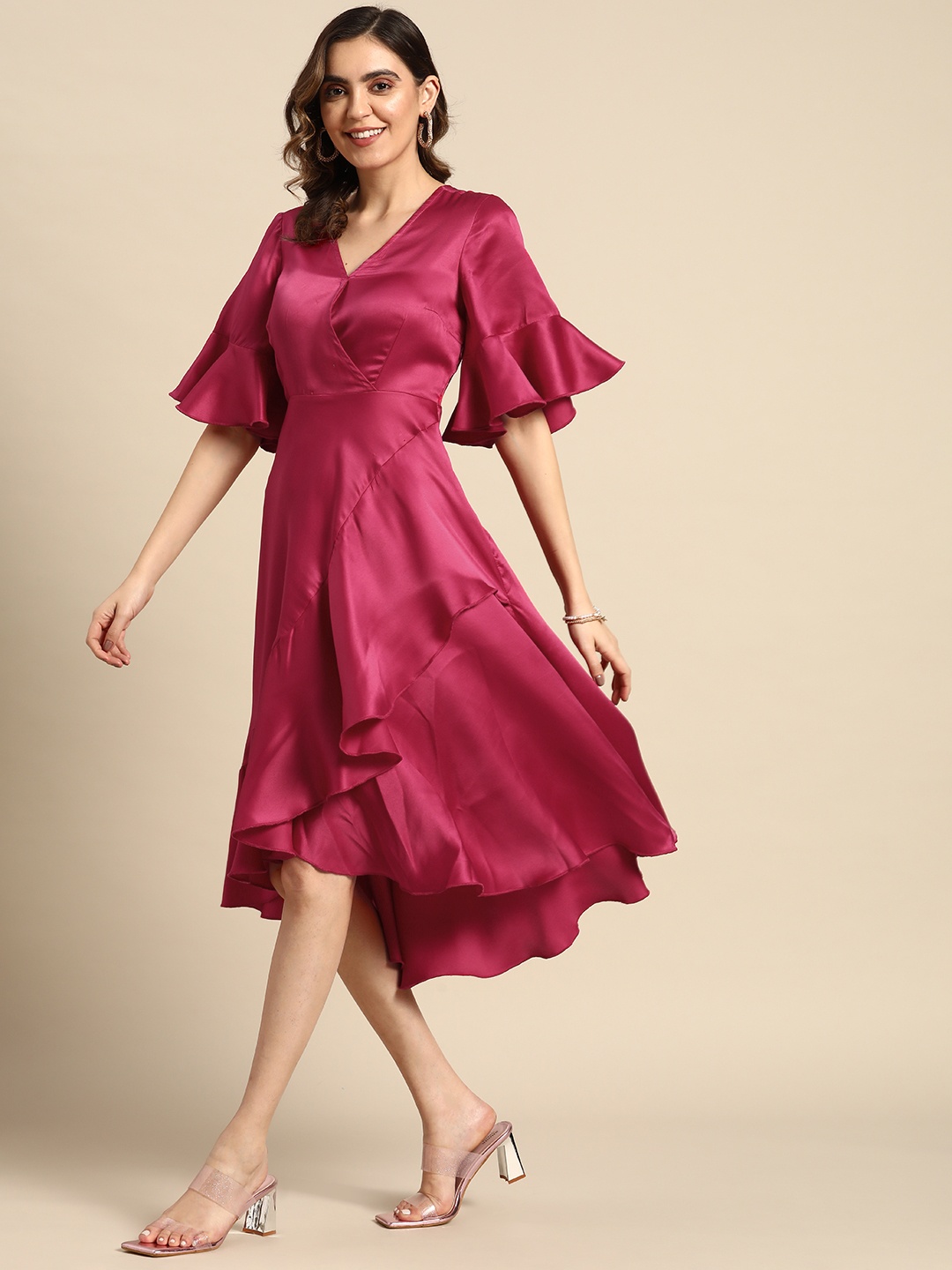 

MABISH by Sonal Jain Flared Sleeves Ruffled Satin Midi Wrap Dress, Pink
