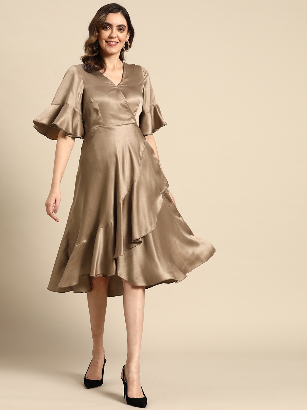 

MABISH by Sonal Jain Flared Sleeves Ruffled Satin Midi Wrap Dress, Nude