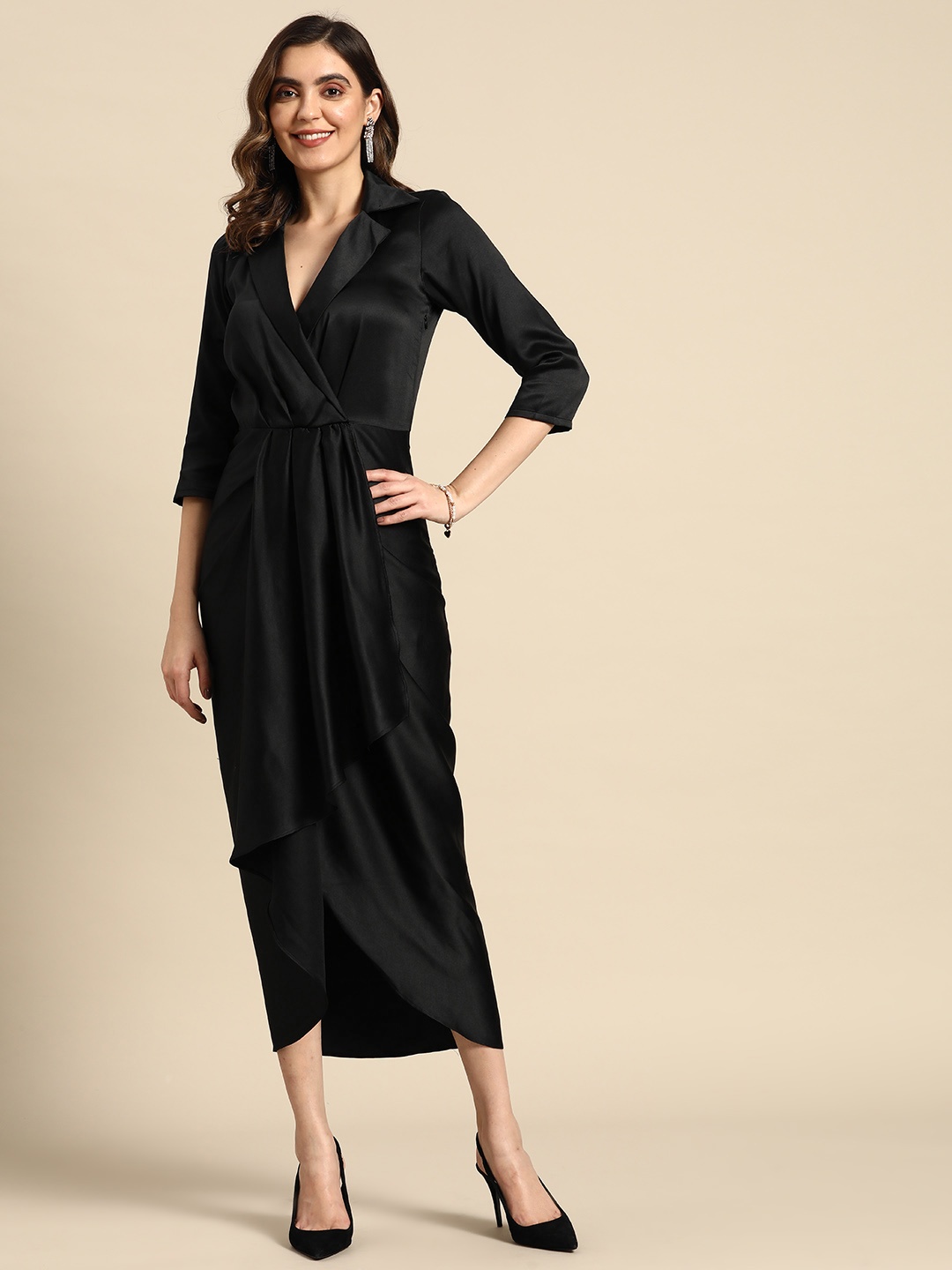 

MABISH by Sonal Jain Satin Midi Wrap Dress, Black