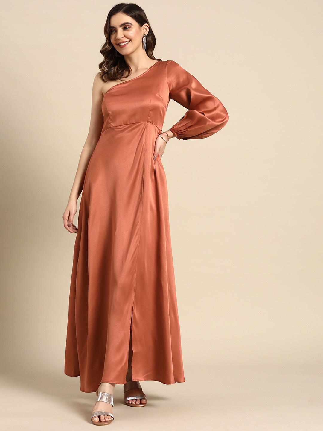 

MABISH by Sonal Jain One Shoulder Satin Maxi Dress, Rust