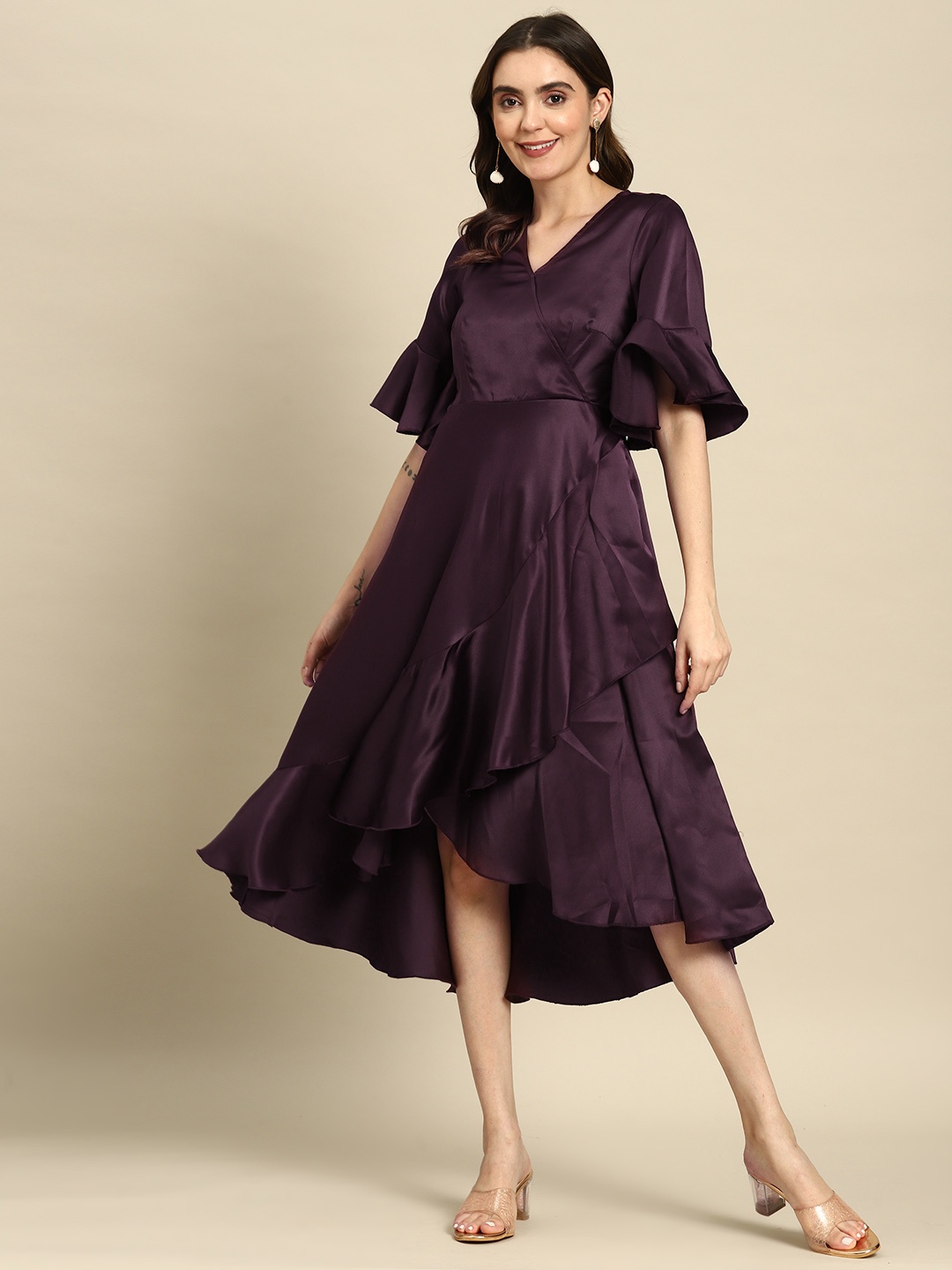 

MABISH by Sonal Jain Bell Sleeves Ruffled Satin Midi Dress, Purple