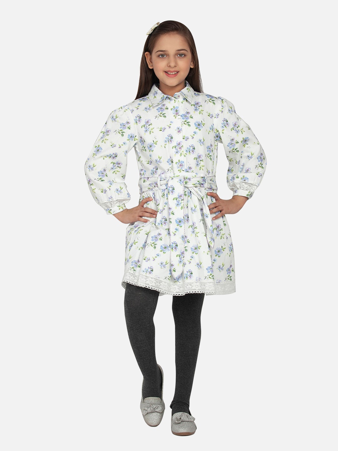 

BLANC9 Girls Floral Shirt Cotton Dress With Stockings, White