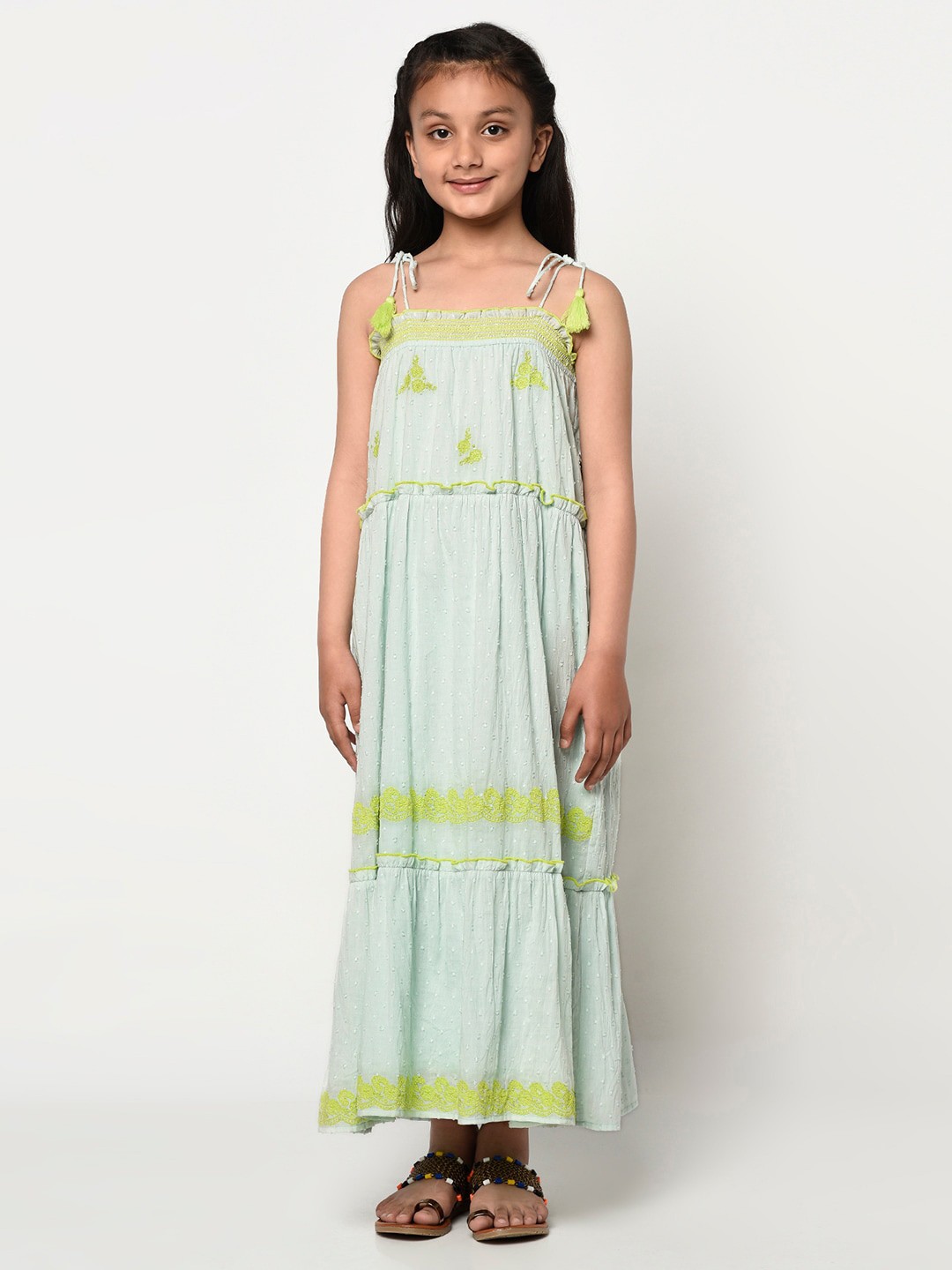 

BLANC9 Girls Self Design Cotton Maxi Dress, Green