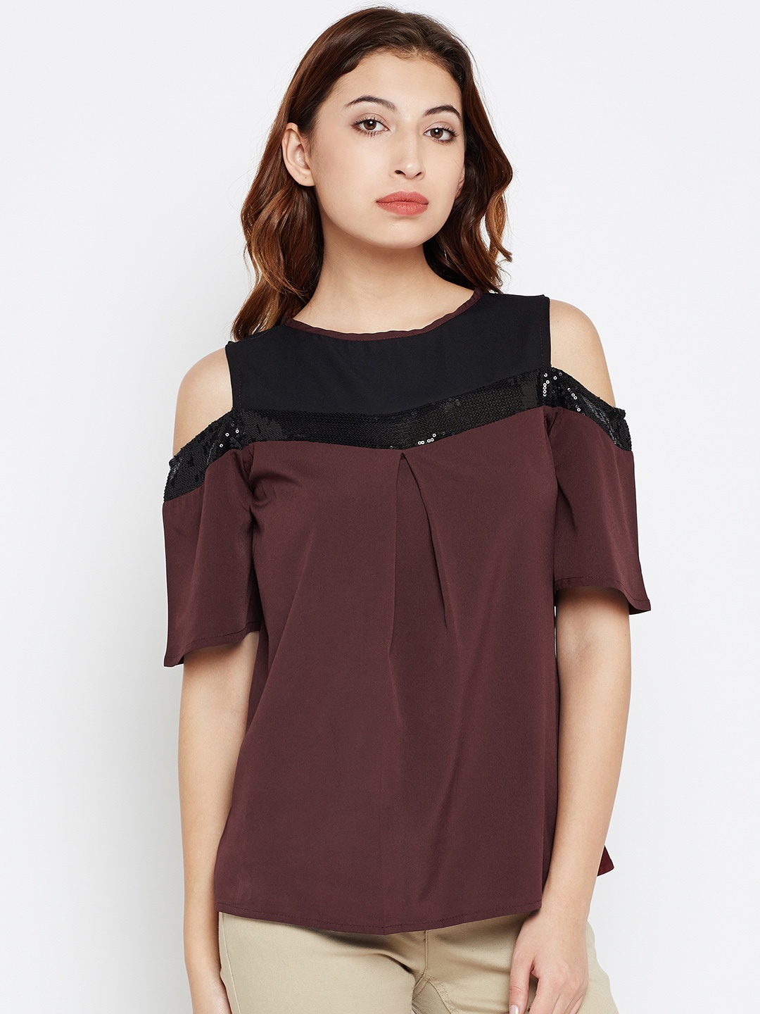 

Style Quotient Women Brown Solid Cold Shoulder Top