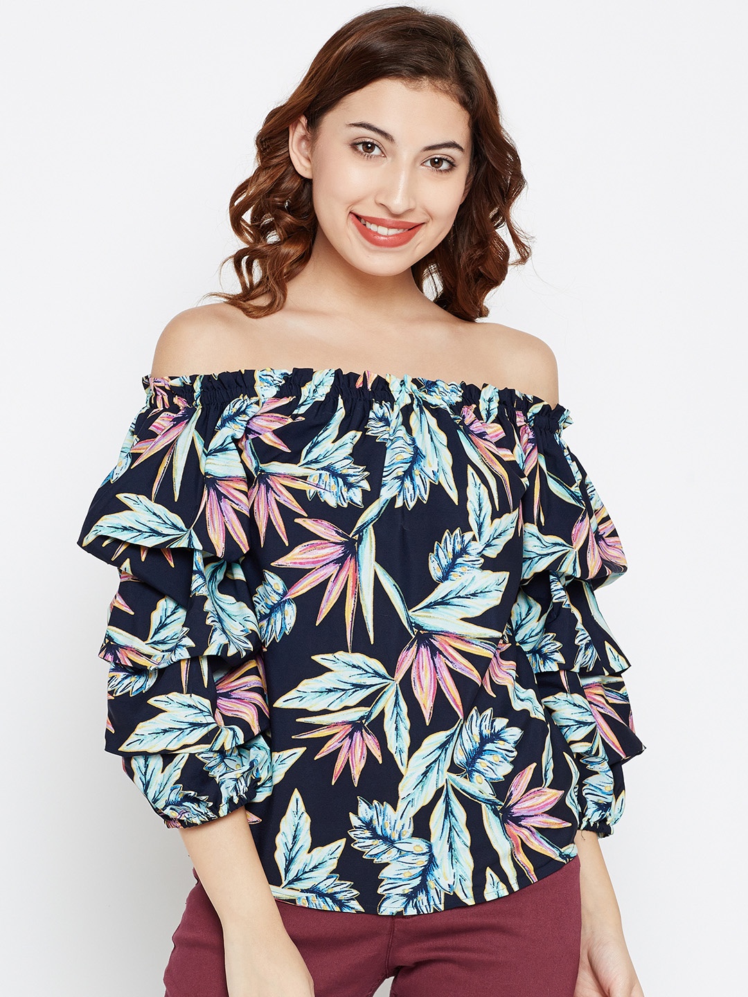 

Style Quotient Women Navy & Sea Green Printed Bardot Top, Navy blue