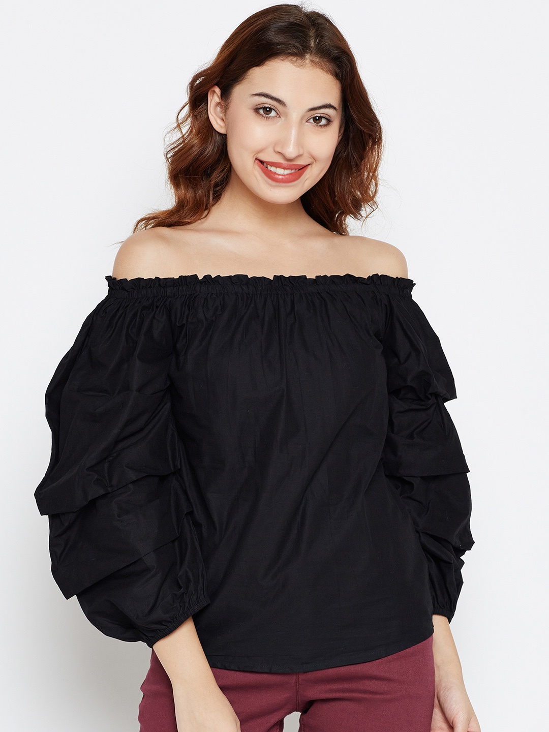 

Style Quotient Women Black Solid Bardot Pure Cotton Top