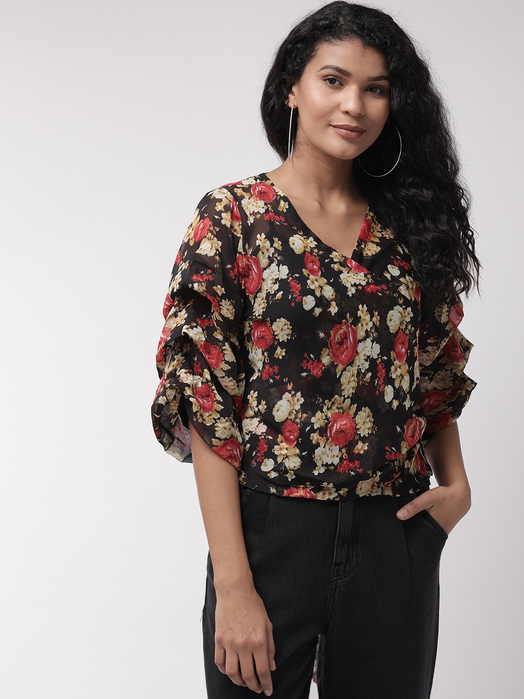 

Style Quotient Women Black Printed Wrap Top