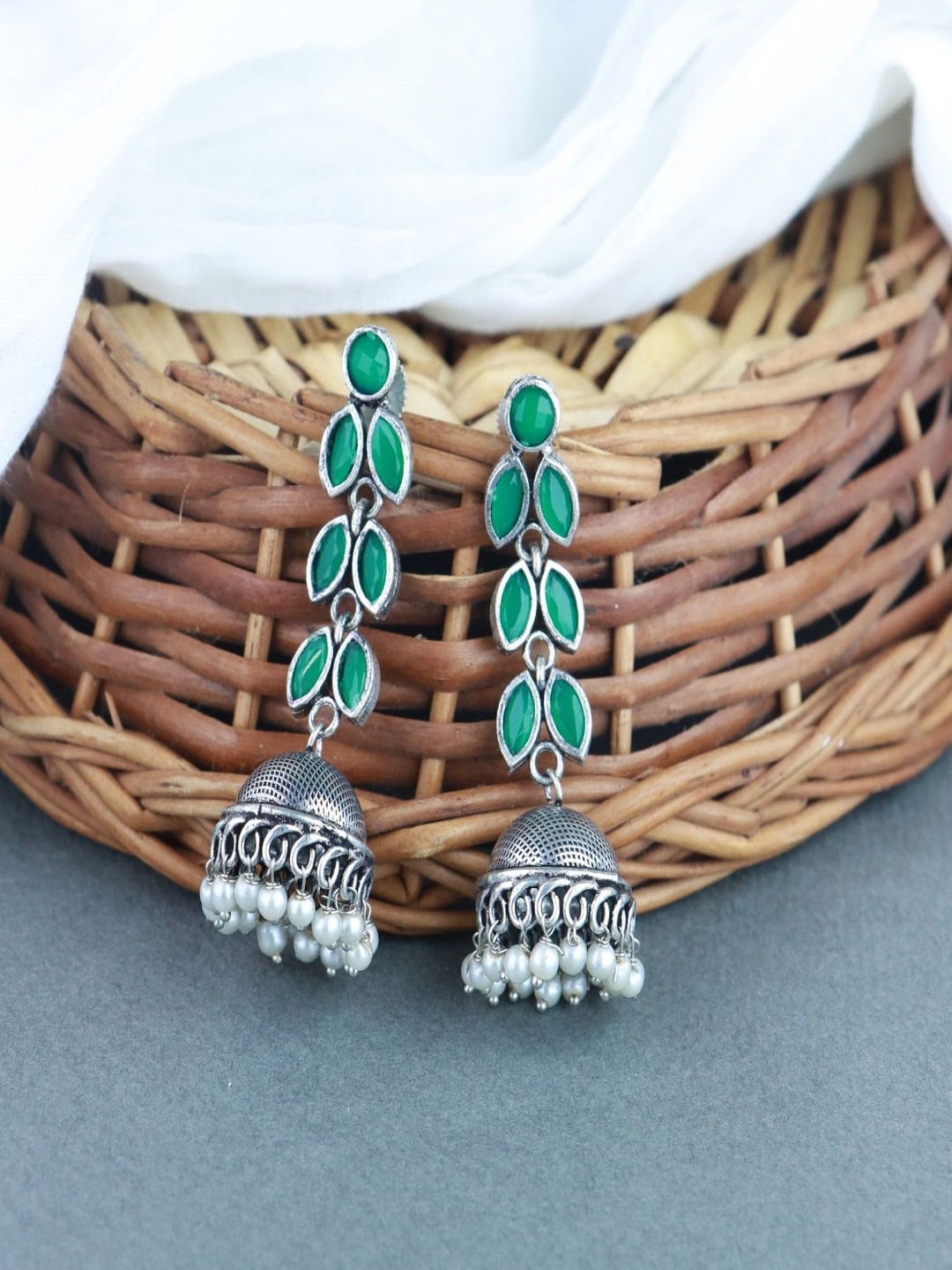 

I Jewels Silver Plated Leaf Shaped Drop Earrings, Green