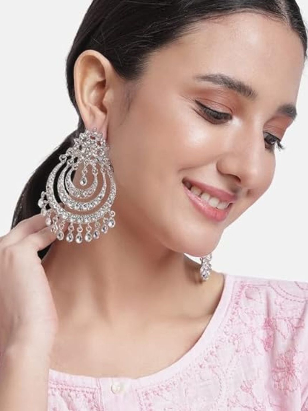 

I Jewels Silver-Plated Contemporary Chandbalis Earrings, White