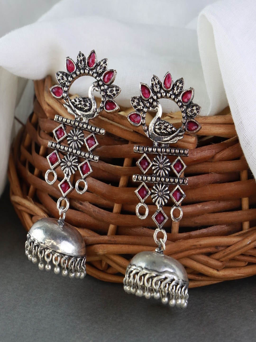 

I Jewels Silver-Plated Contemporary Jhumkas Earrings, Red