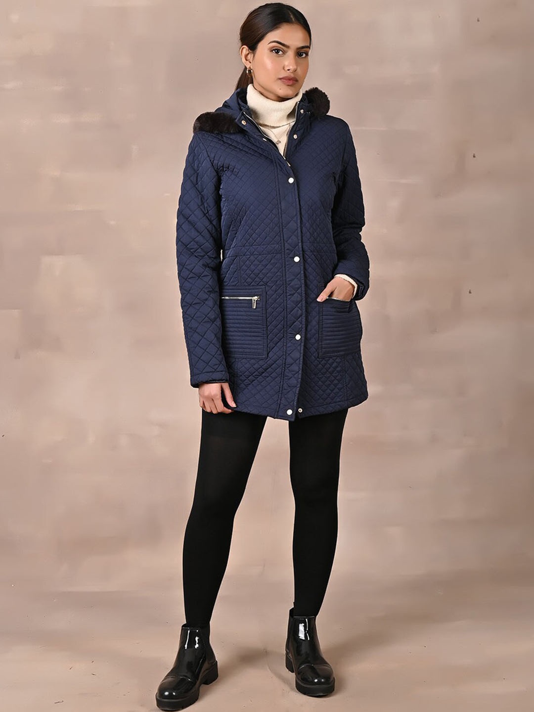 

Lakshita Women Longline Parka Jacket, Navy blue