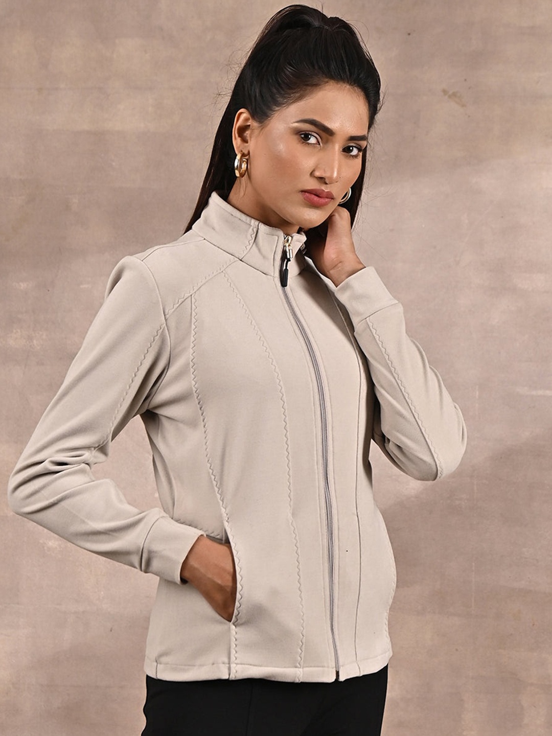 

Lakshita Women High Neck Biker Jacket, Cream