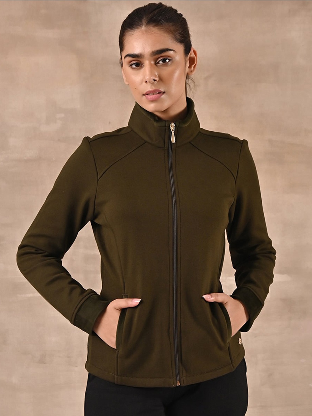 Lakshita Women High-Neck Tailored Jacket, Olive
