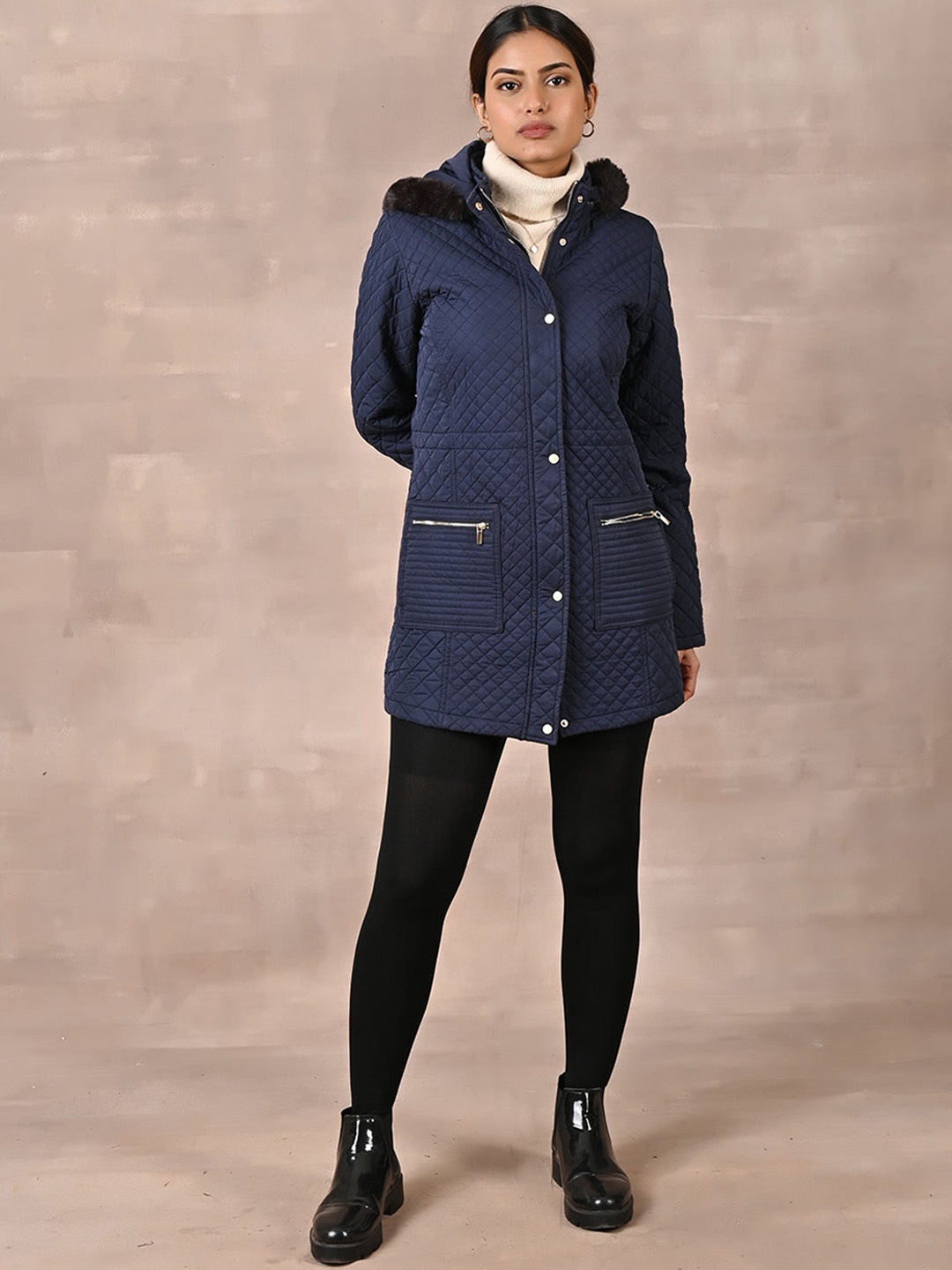 

Lakshita Women Quilted Longline Hooded Jacket, Navy blue