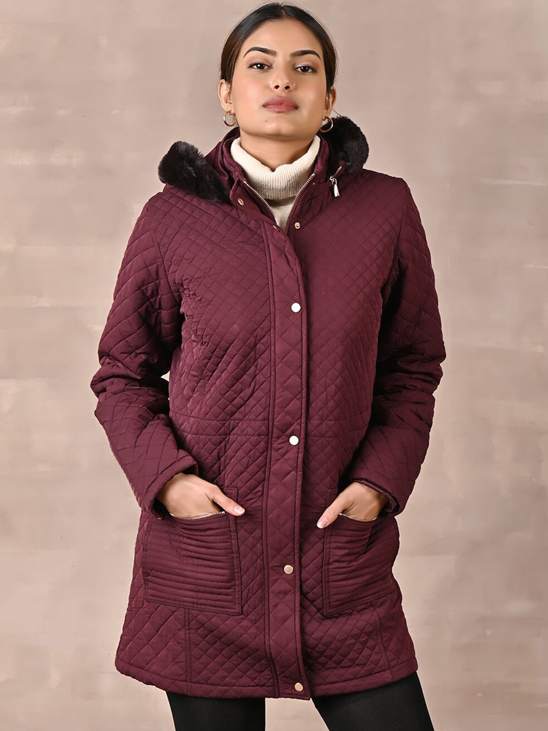 

Lakshita Women Plus Size Longline Outdoor Hooded Quilted Jacket, Maroon