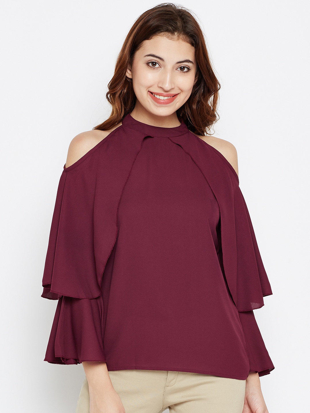 

Style Quotient Women Burgundy Cold Shoulder Cape Top