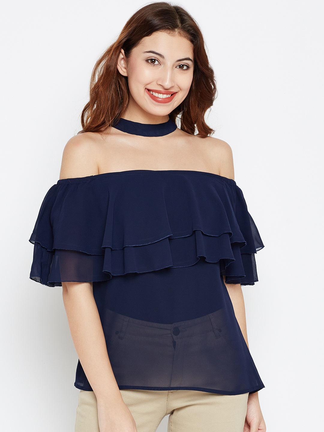 

Style Quotient Women Navy Solid Layered Bardot Top, Navy blue